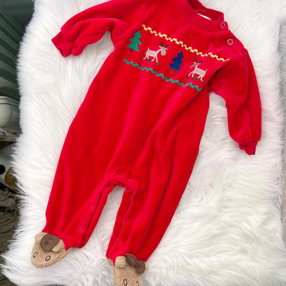 Le Top - Red Christmas embroidered one piece reindeer feet, 3 mos